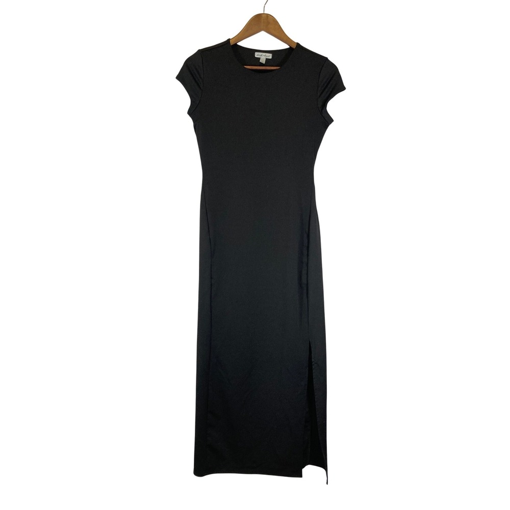Minimalist Derek Heart Womens Size‎ Med Black Cap Sleeve Slit Bodycon Maxi Dress